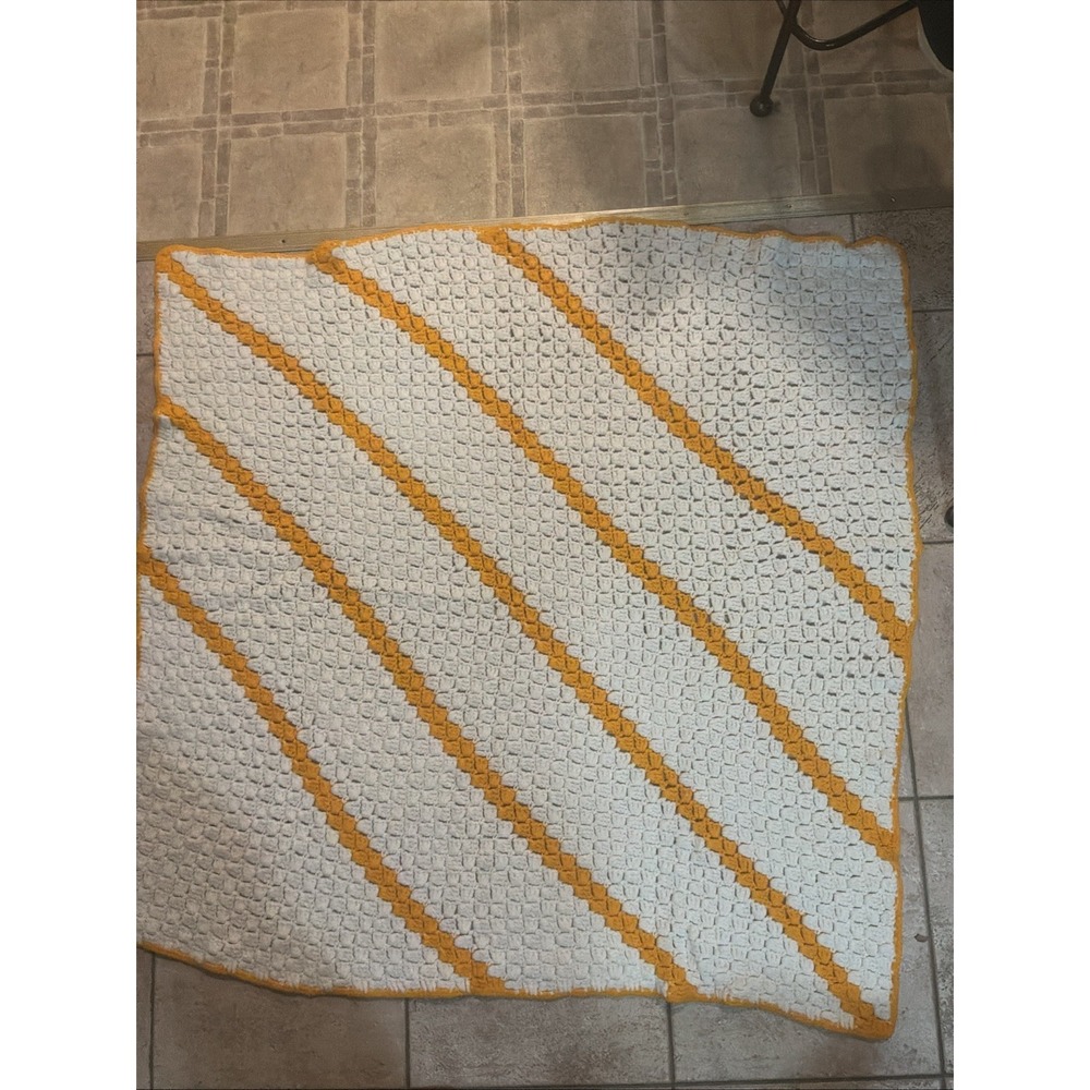 Cozy Handmade Crochet White Yellow Striped Afghan Throw Blanket Nursery Decor 43